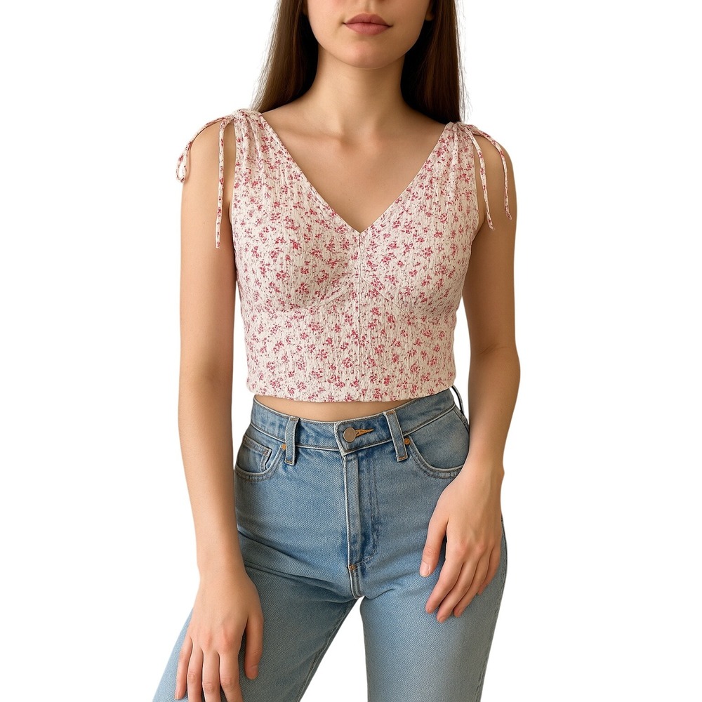VINTAGE Y2K Ditsy Floral Crop Tank White Pink Red Sleeveless Princess Seam